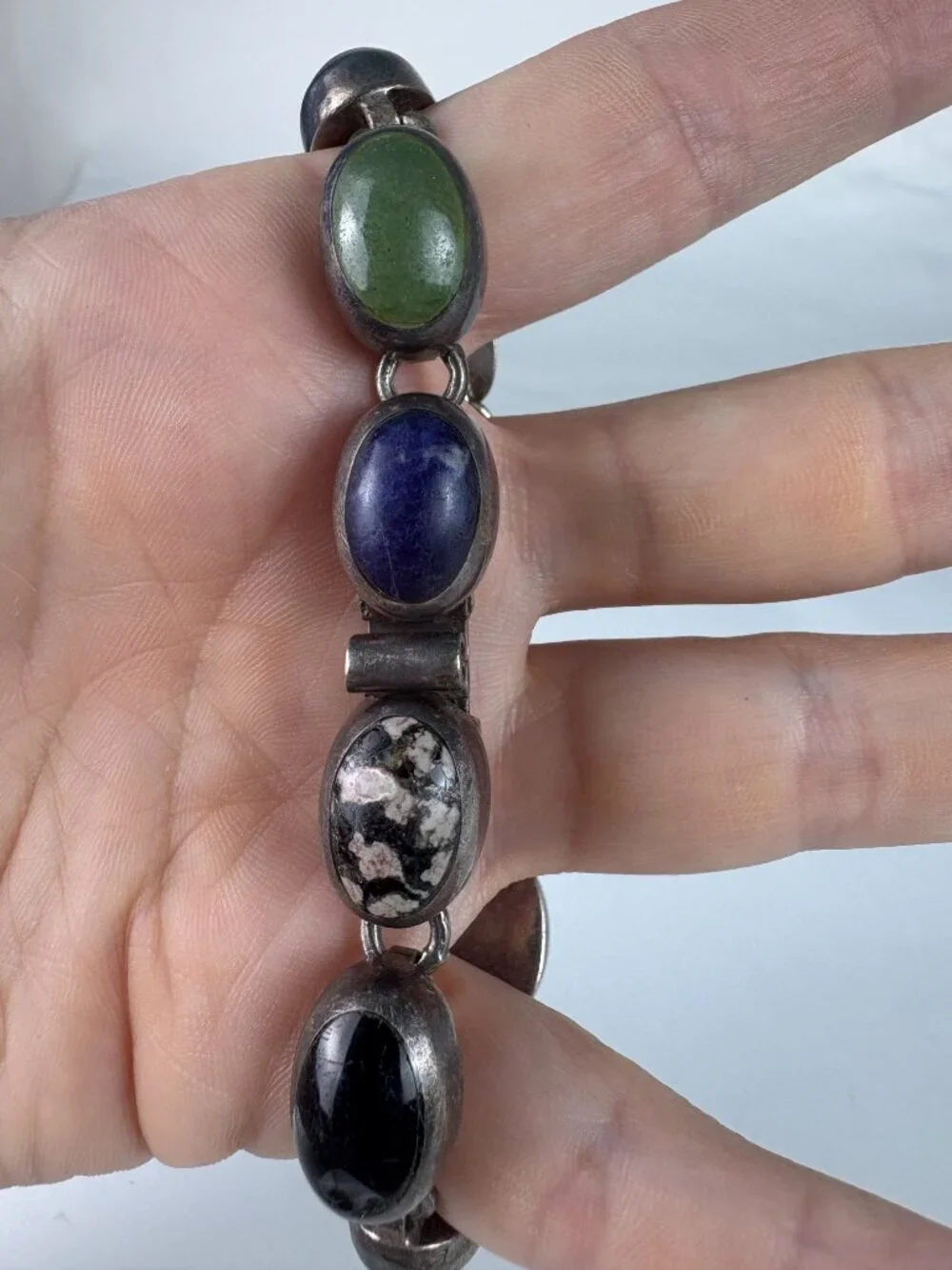 Vintage Taxco Mexico 925 Sterling Silver Multi-Stone Link Bracelet | Lapis